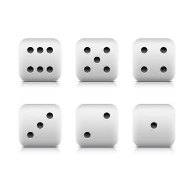Web button white casino dice icon with shadow and reflection. White background clipart