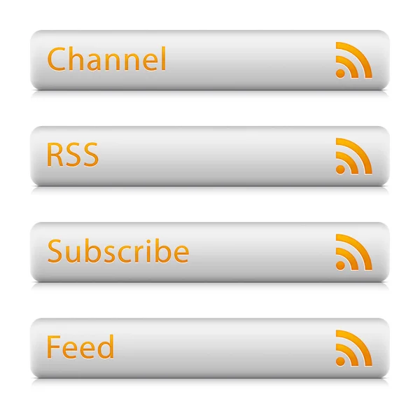 Witte steen web 2.0 knop met oranje rss teken. de vorm van de afgeronde rechthoek met schaduw en reflectie op wit. 10 eps — Stockvector