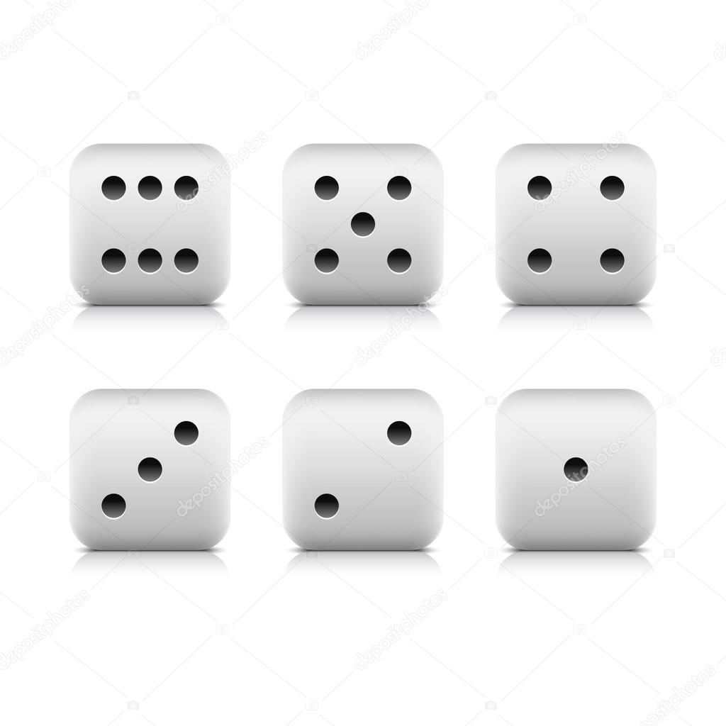 Web button white casino dice icon with shadow and reflection. White background
