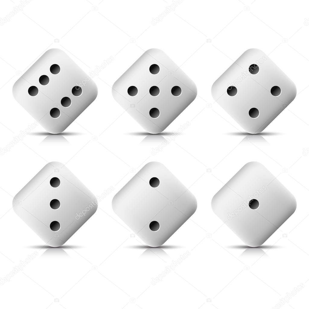 White web button casino dice icon with shadow and reflection. White background