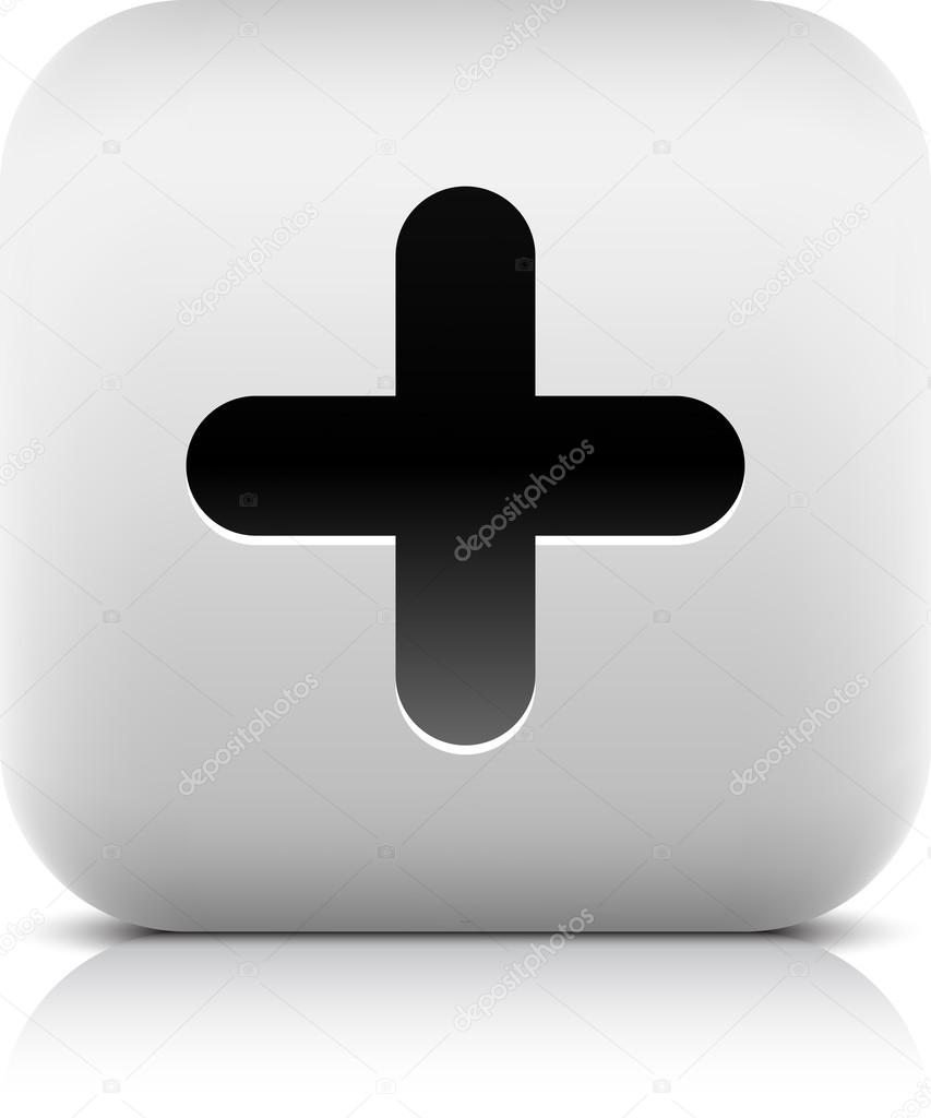Stone web 2.0 button plus symbol sign. White rounded square shape with black shadow and gray reflection on white background. This vector illustration created and saved in 8 eps