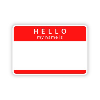 Red name tag empty sticker HELLO my name is with drop gray shadow on white background. Vector illustration clip-art element for design saved in 10 eps