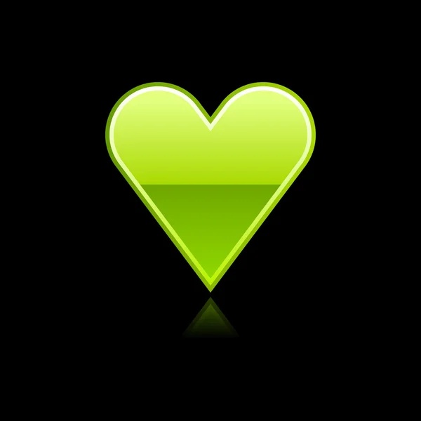 Pulsante web segno cuore verde lucido con riflesso. Fondo nero — Vettoriale Stock