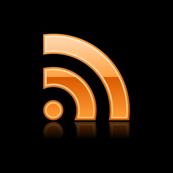 Símbolo RSS brillante botón web naranja con reflejo. Fondo negro. Ilustración vectorial — Vector de stock