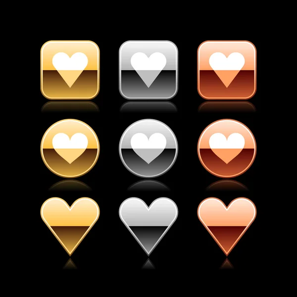 Heart luxury metal web button icon with reflection on black — Stock Vector