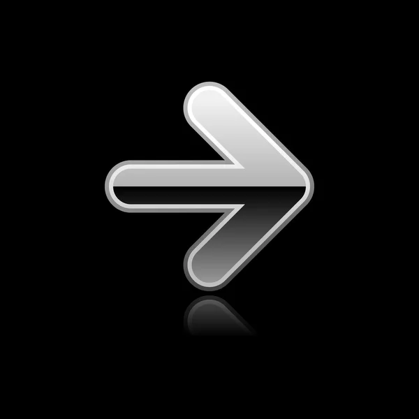Símbolo de flecha de botón Metalic silver web 2.0. Objeto único con reflexión sobre fondo negro — Vector de stock
