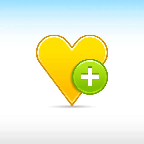 Corazón de oro amarillo icono favorito web 2.0 con botón verde plus y sombra en blanco — Archivo Imágenes Vectoriales