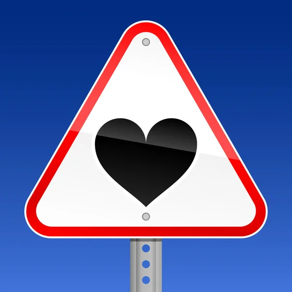 Triangular red road warning sign with heart symbol on sky background — Stock Vector