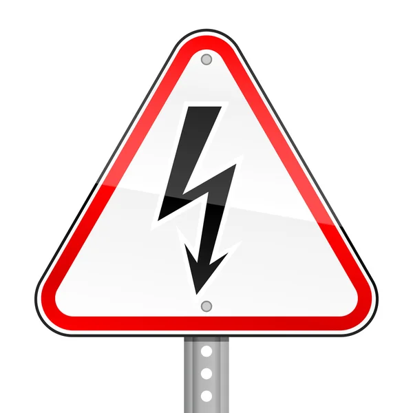 Triangular red road warning sign with high voltage symbol on white background — Stock Vector