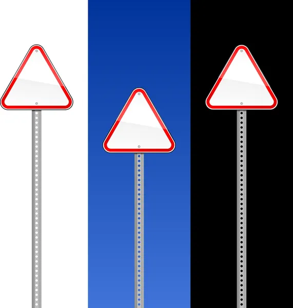 Triangular blank red road signs with metal pole on white, blue sky and black — Stock Vector