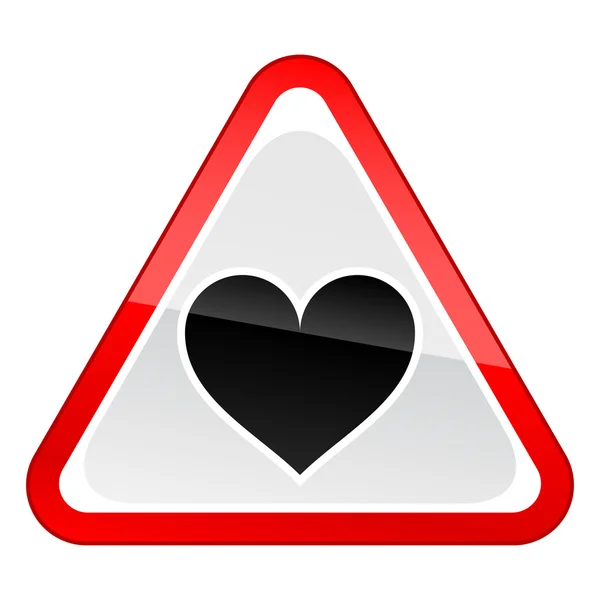 Signal rouge d'avertissement de danger d'attention avec symbole de coeur avec réflexion sur fond blanc — Image vectorielle