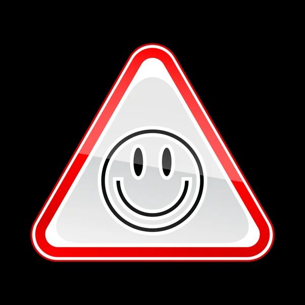 Sinal de aviso de atenção vermelho com símbolo de rosto sorridente no preto — Vetor de Stock