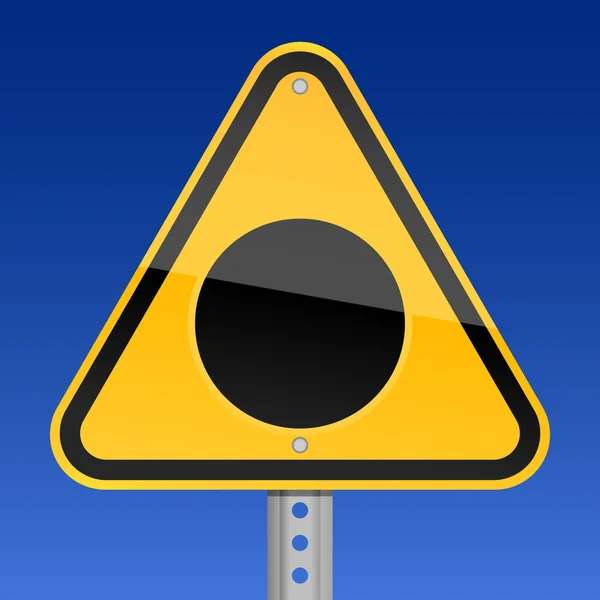 Yellow road hazard warning sign with black hole symbol on sky — Stock Vector