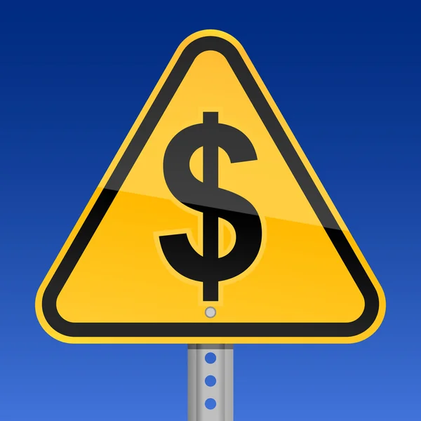 Gele gevaar waarschuwing verkeersbord met dollar symbool op een hemelachtergrond — Stockvector