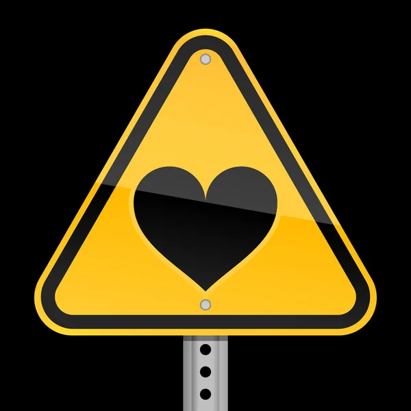 Yellow road hazard warning sign with heart symbol on black background — Stock Vector