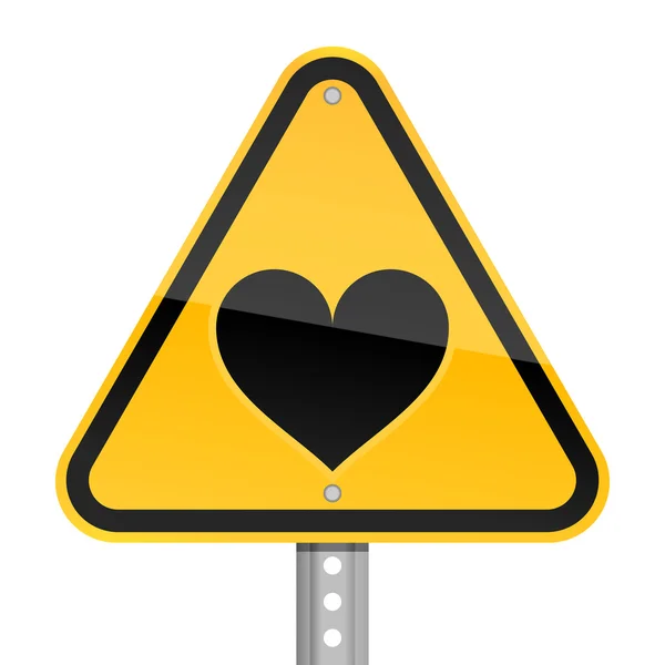 Yellow road hazard warning sign with heart symbol on a white background — Stock Vector