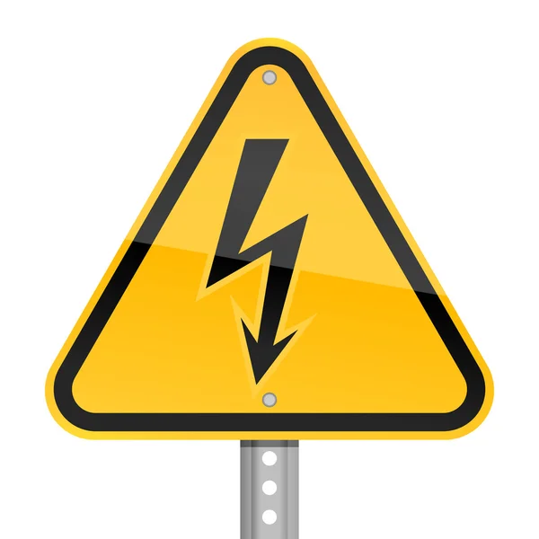 Yellow road hazard warning sign with high voltage symbol on a white background — Stock Vector