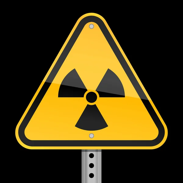 Yellow road warning sign with radiation symbol on black background — Stock Vector