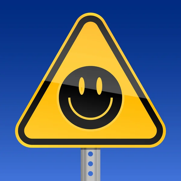 Yellow road warning sign with smiley face symbol on sky background — Stock Vector