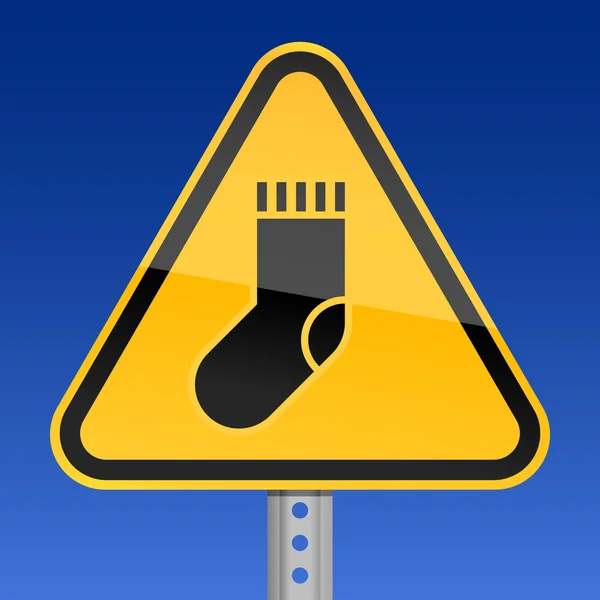 Panneau d'avertissement routier jaune avec symbole de chaussette sur fond de ciel — Image vectorielle