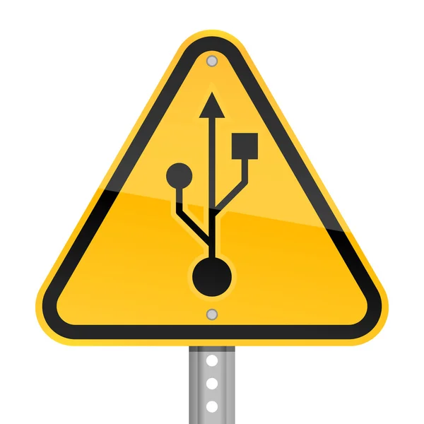 Hazard yellow road warning sign with USB symbol on a white background — Stock Vector