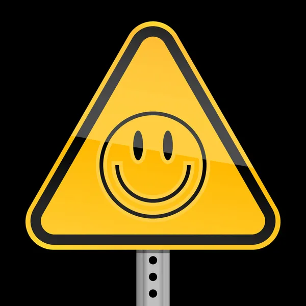 Gul vägskylt varning med smiley face symbol på svart bakgrund — Stock vektor