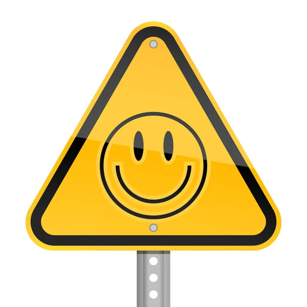 Žluté silnici výstražnou značku s symbol veselého obličeje na bílém pozadí — Stockový vektor