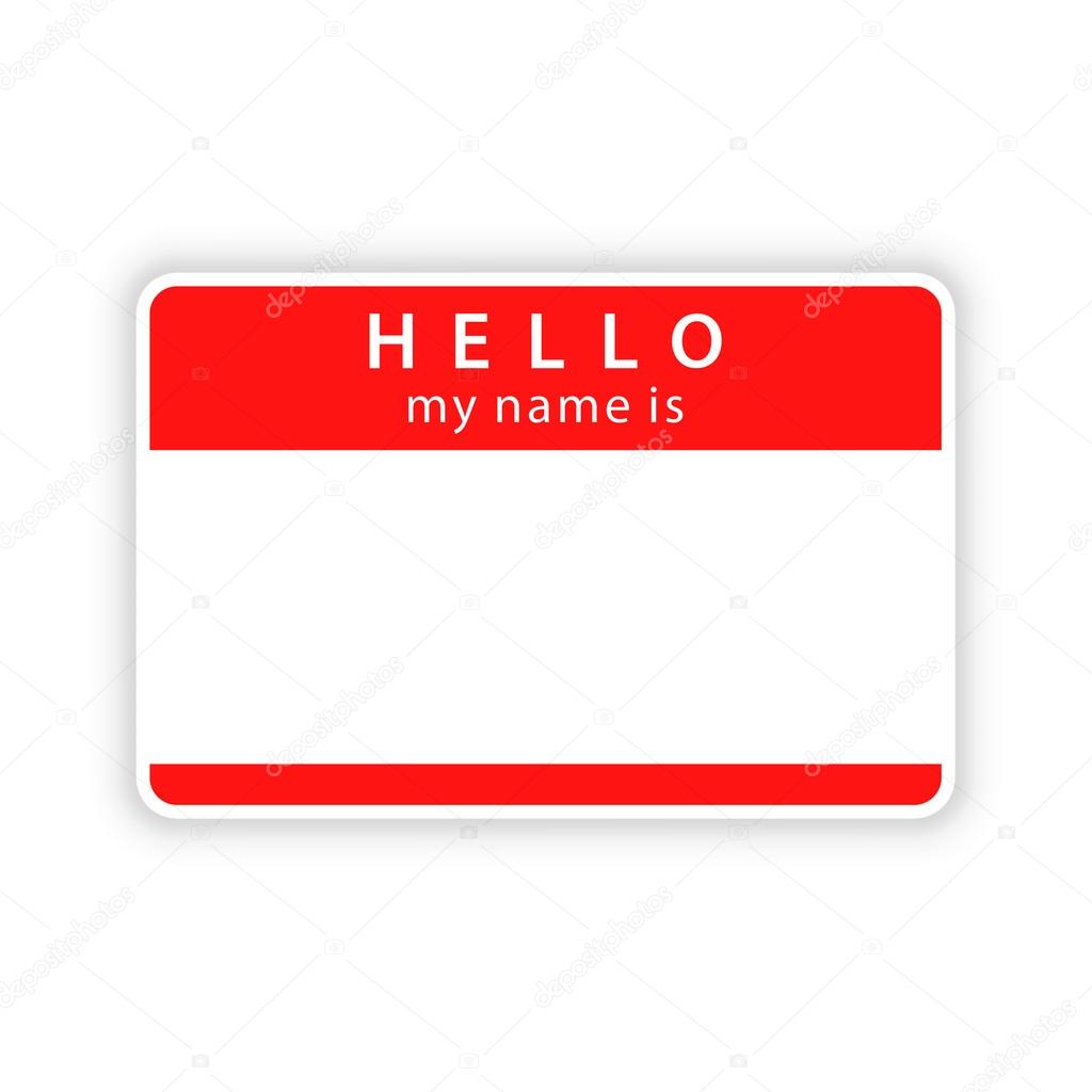 Red name tag empty sticker HELLO my name is with drop gray shadow on white background. Vector illustration clip-art element for design saved in 10 eps