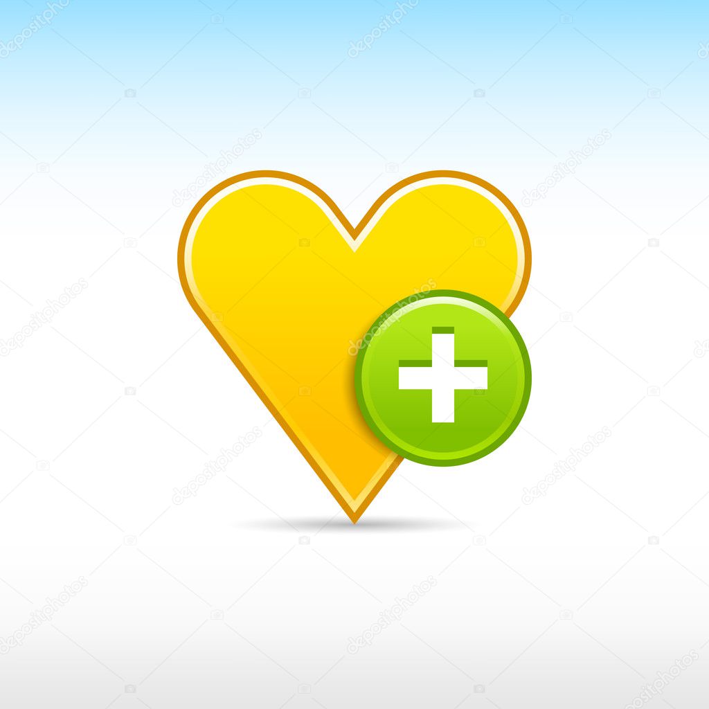 Yellow gold heart favorite web 2.0 icon with green button plus and shadow on white