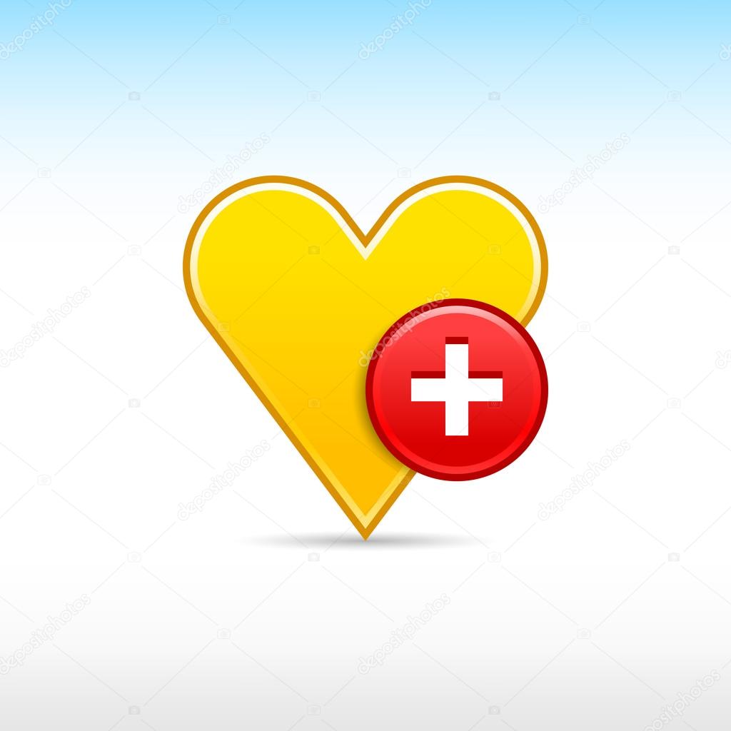 Yellow heart favorite web 2.0 icon with red button add and shadow on white