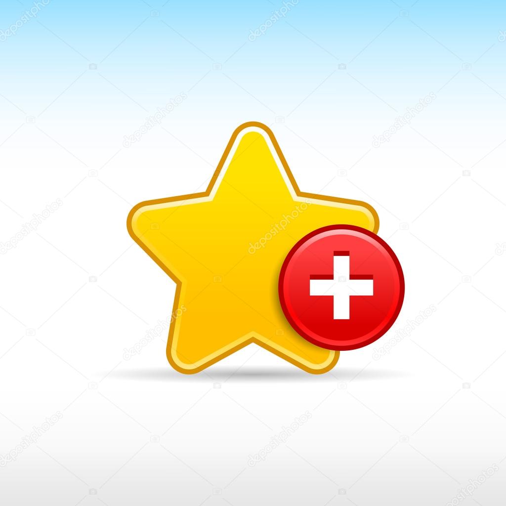 Yellow gold star favorite web 2.0 icon with red button plus and shadow on white