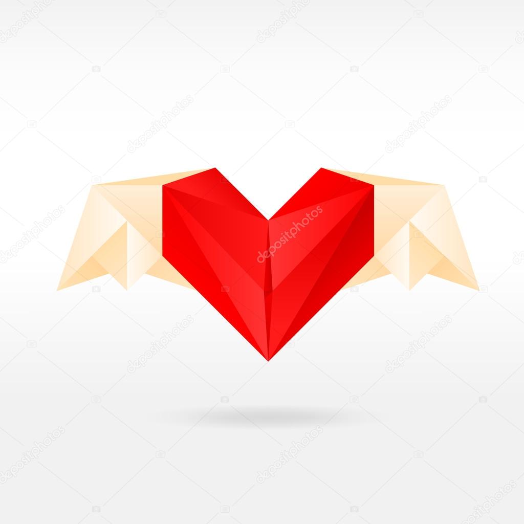 Red origami heart with wings. Paper geometric shape with drop shadow on white background. This image is a bitmap copy my vector illustration