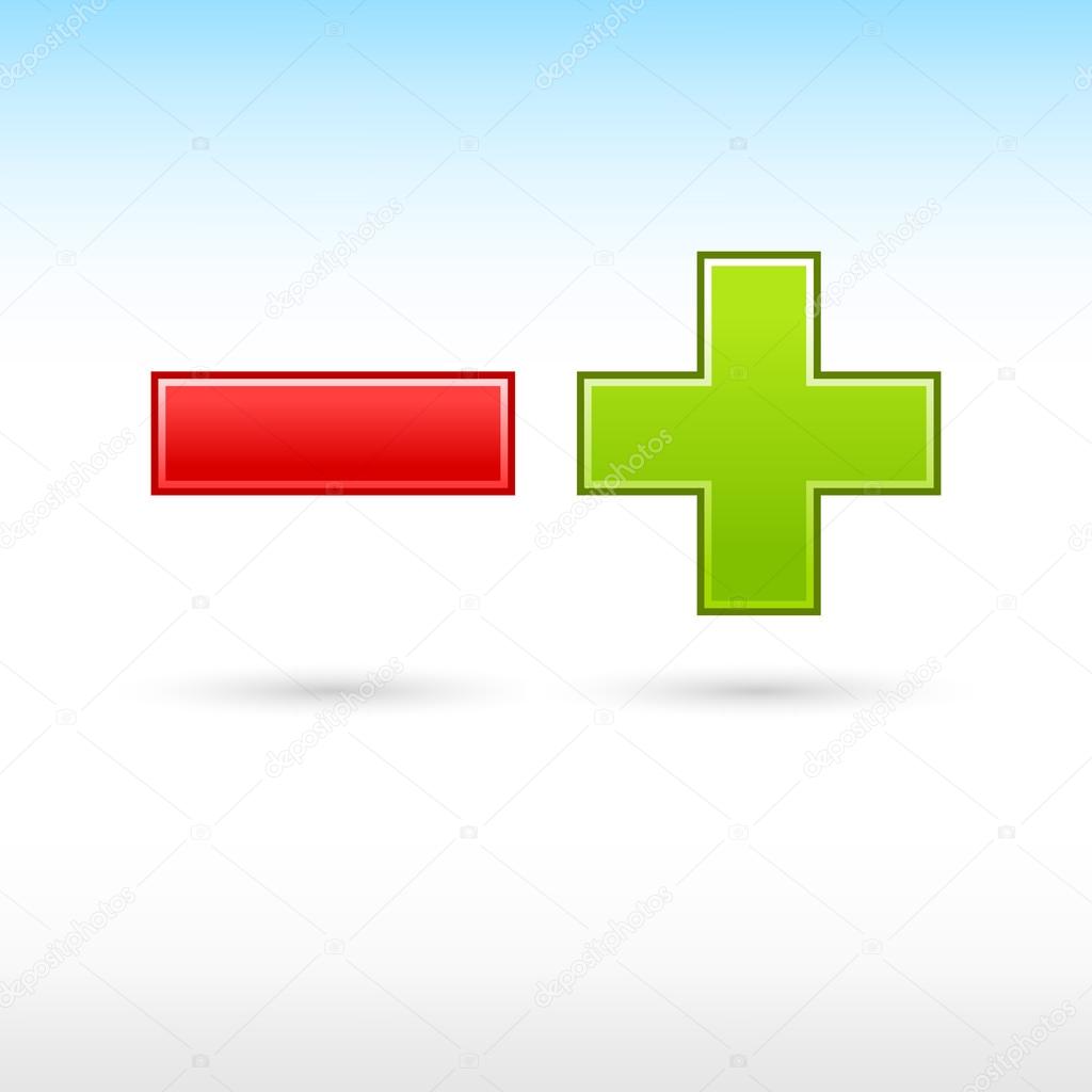 Validation button red minus and green plus web icon mathematical sign with shadow on white background