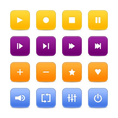 16 media audio video denetimi web 2.0 düğmeleri. kare şekilleri ile gölge beyaz arka plan üzerinde renkli yuvarlak