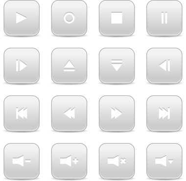 groene en rode 16 media bedieningsknoppen web 2.0. afgeronde vierkante vormen met schaduw op witte