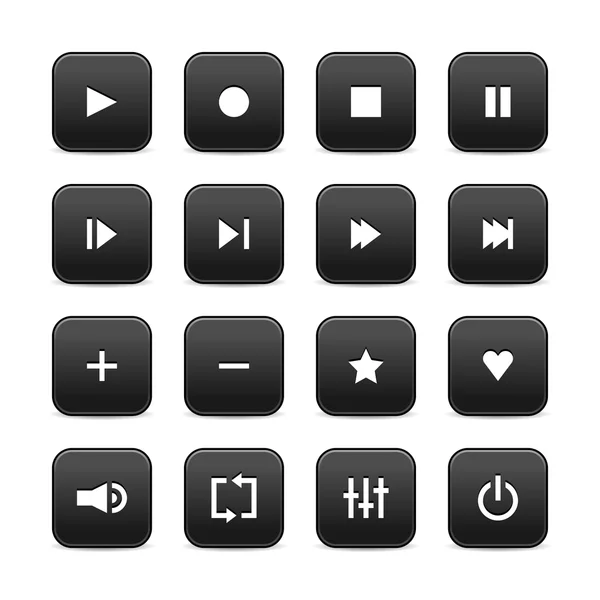 16 botones de control de vídeo de audio multimedia web 2.0. Negro redondeado formas cuadradas con sombra sobre fondo blanco — Vector de stock