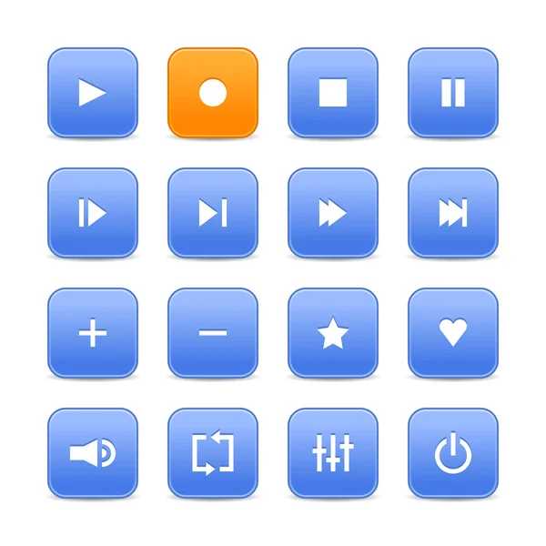 Blue and orange 16 media control web 2.0 buttons. Rounded square shapes with shadow on white — Stock Vector