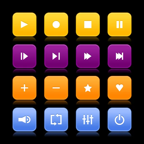 16 botões de controle de mídia web 2.0. Formas quadradas arredondadas coloridas com reflexão sobre fundo preto — Vetor de Stock