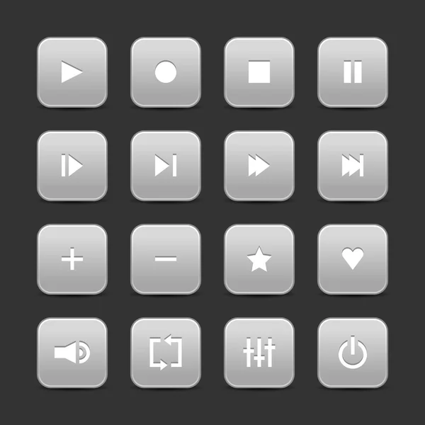 16 pulsanti media control web 2.0. Forme rotonde grigie con ombra su sfondo grigio — Vettoriale Stock