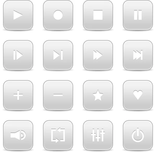 16 botones de control de vídeo de audio multimedia web 2.0. Gris redondeado formas cuadradas con sombra sobre fondo blanco — Archivo Imágenes Vectoriales