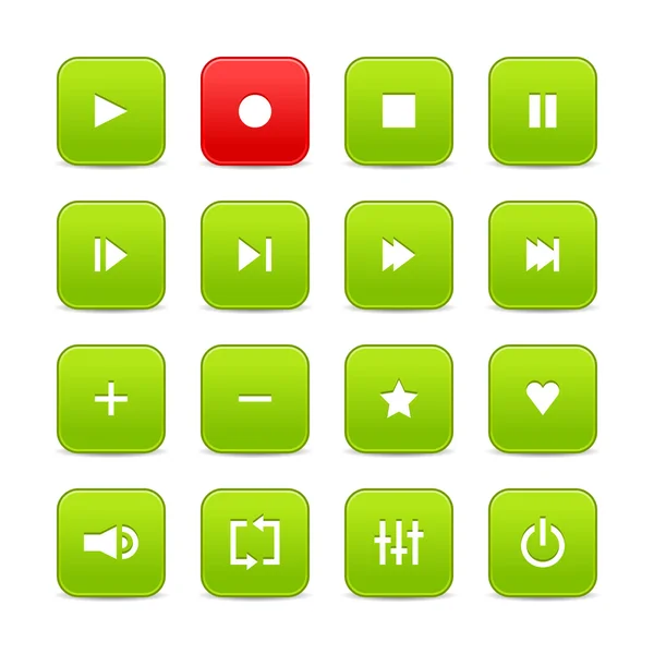 Green and red 16 media control web 2.0 buttons. Rounded square shapes with shadow on white — Stock Vector