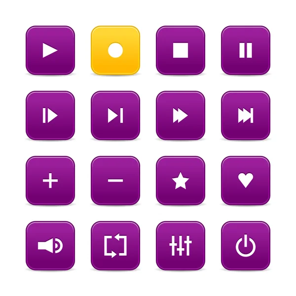 Violet and yellow 16 media control web 2.0 buttons. Rounded square with shadow on white background — Stock Vector