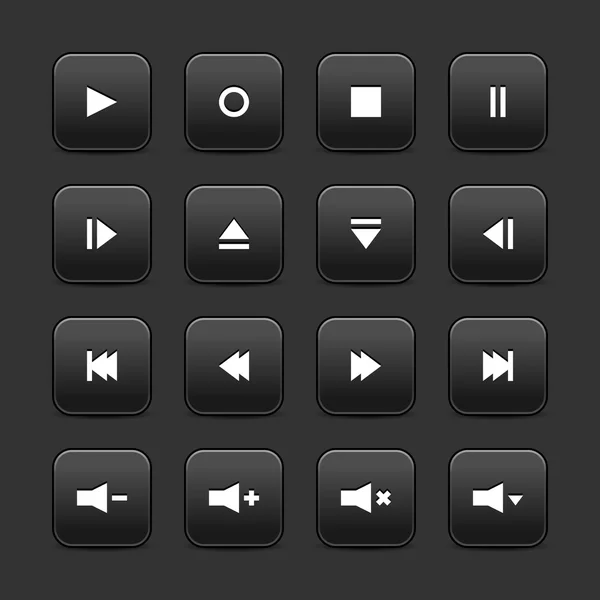 16 botones de media web 2.0. Negro formas redondas con sombra sobre fondo gris — Vector de stock
