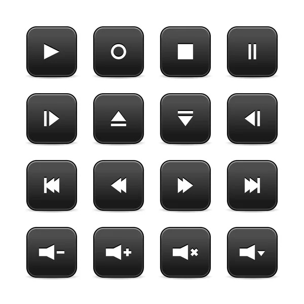 16 media audio video web 2.0 bedieningsknoppen. zwarte afgerond vierkante vormen met schaduw op witte achtergrond — Stockvector