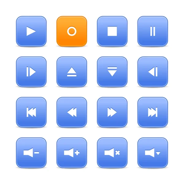 Blue and orange 16 media control web 2.0 buttons. Rounded square shapes with shadow on white — Stock Vector