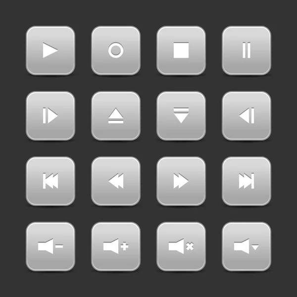 16 Medien steuern Web 2.0 Buttons. Grau abgerundetes Quadrat mit Schatten auf grauem Hintergrund — Stockvektor