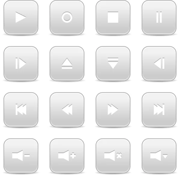 16 media audio video control web 2.0 buttons. Gray rounded square shapes with shadow on white background — Stock Vector