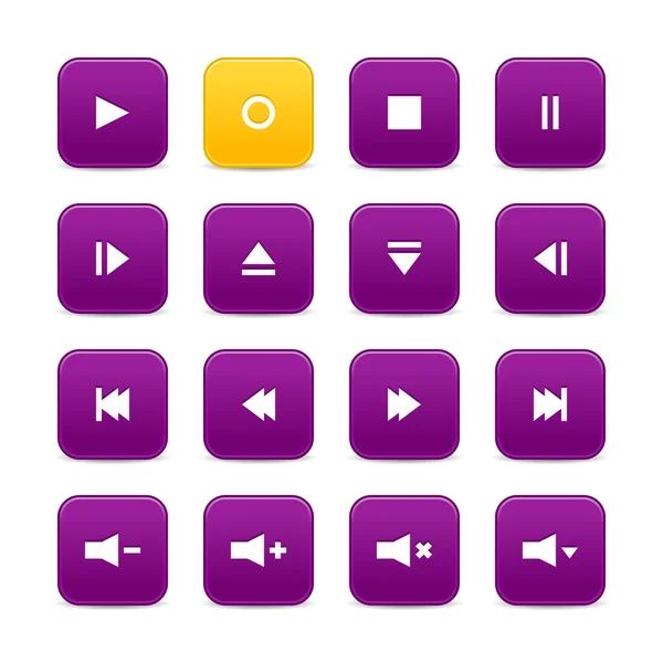 Violet and yellow 16 media control web 2.0 buttons. Rounded square shapes with shadow on white — Stock Vector