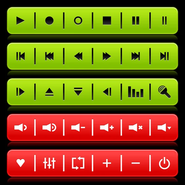 Groene en rode media controle navigatiepaneel met reflectie op zwarte achtergrond — Stockvector