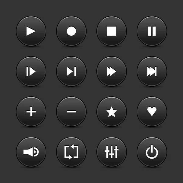 16 botones de control de medios web 2.0. Negro formas redondas con sombra sobre fondo gris — Archivo Imágenes Vectoriales